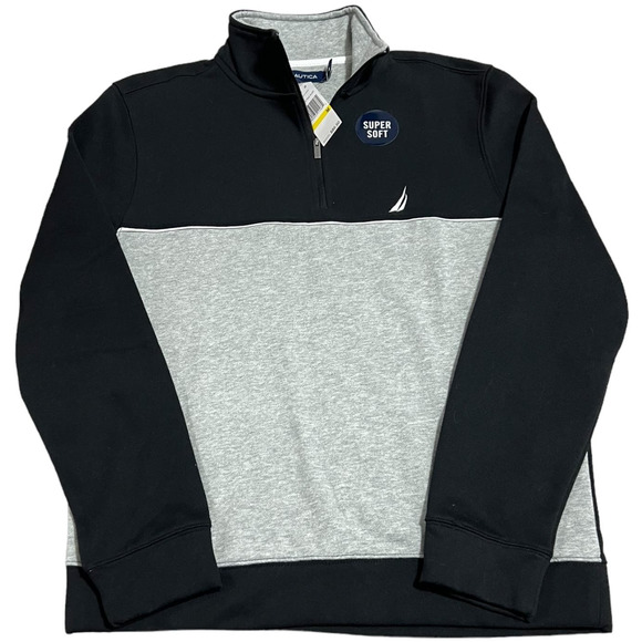 NWT Nautica Black and Gray Color Block Quarter Zip Sweatshirt, Size M - Picture 1 of 4